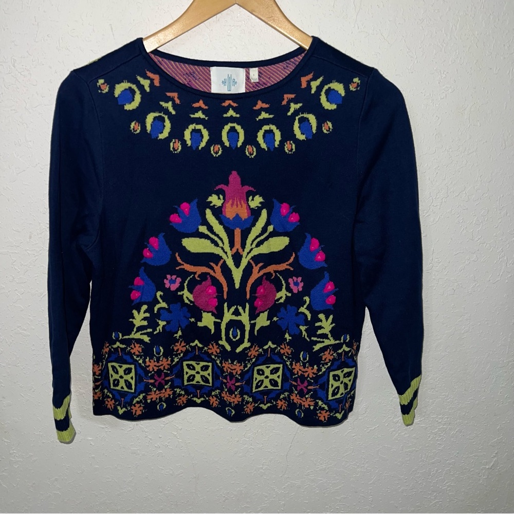 ANTHROPOLOGIE FLORAL INTARSIA Navy Blue SWEATSHIRT BY MONOGRAM Size Small.